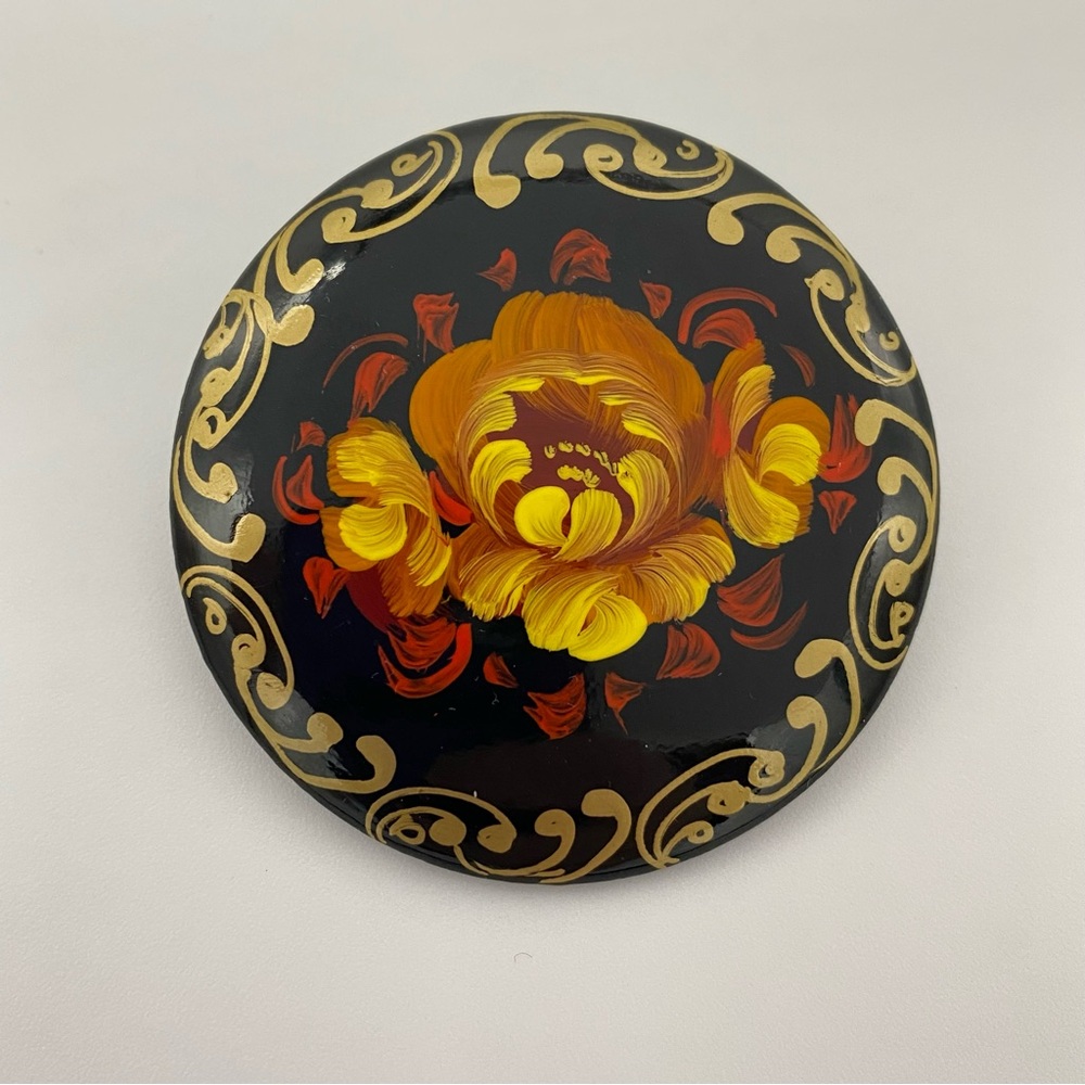Russian Vintage Floral Hand Painted Signed Brooch